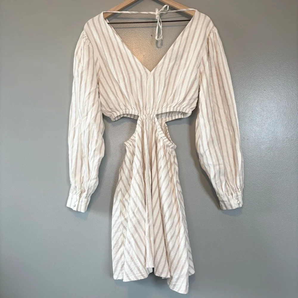 Sam Edelman Medium Linen Blend Emely Mini Cutout Stripe Dress White Tan - Picture 5 of 7